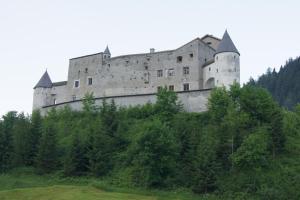 a castle on top of a hill with trees at Apart Montana in Nauders