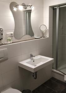 a bathroom with a sink and a mirror and a toilet at Gasthof Fröhlich in Langenbruck