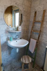 ein Badezimmer mit einem Waschbecken, einem Spiegel und einer Leiter in der Unterkunft Aloha Beach House in Scharendijke