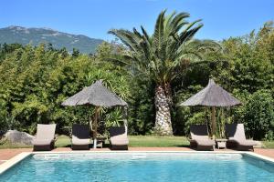 a group of chairs and umbrellas next to a pool at Résidence Terracorse in Figari