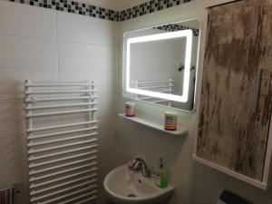 a bathroom with a sink and a mirror at Appartement Schneerose in Tauplitz