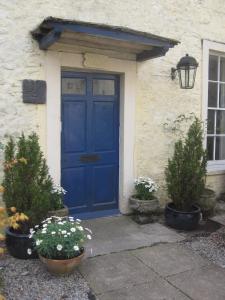 a blue door of a house with two potted plants at The Old Masonic Lodge in Shepton Mallet