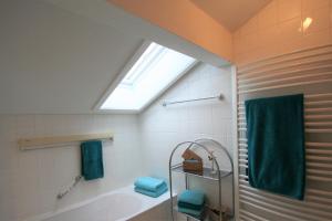 ein Badezimmer mit einer Badewanne und einem Dachfenster in der Unterkunft Alpenflair Ferienwohnungen Whg 223 in Oberstdorf