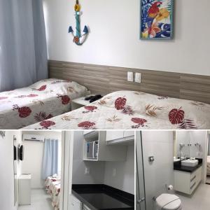 two pictures of a bedroom with a bed and a bathroom at Apart Hotel Marinas Tamandaré in Tamandaré