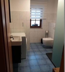 ein Bad mit einem Waschbecken, einem WC und einem Fenster in der Unterkunft Ferienwohnung Wolf in Oberschöna