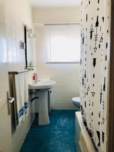 エル・ペレジョにあるApartamentoのバスルーム(洗面台、トイレ、シャワーカーテン付)
