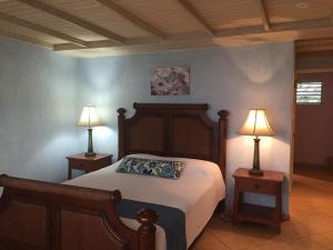 a bedroom with a bed and two lamps on tables at Cozy apartment with beach at walking distance and pool in Dickenson Bay +21 photos