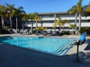 a swimming pool in front of a building at Apartment by the Marina in Whitianga