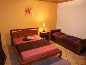 a bedroom with two beds and a lamp in it at CÔTE MONTAGNE in Cilaos