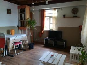 een woonkamer met een tafel en een televisie bij Appartement le Citronnier in Sainte-Anne