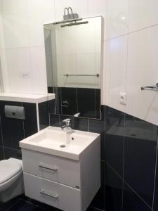 a bathroom with a sink and a toilet and a mirror at Galeb in Vodice