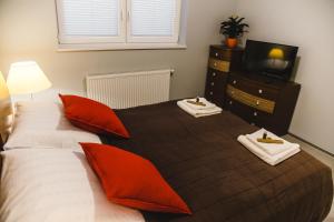 una camera da letto con un letto con cuscini rossi e una TV di ULMA apartment a Wieliczka