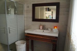 a bathroom with a sink and a mirror and a shower at Goldy Suite in Haifa