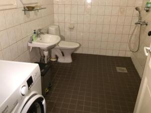 La petite salle de bains est pourvue de toilettes et d'un lavabo. dans l'établissement House with private beach, à Rautalampi