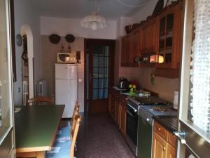 uma cozinha com um frigorífico branco e uma bancada verde em Appartamento Trifoglio em Salò