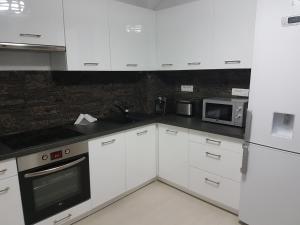 a kitchen with white cabinets and a microwave at Amedeea Accomodation in Timişoara