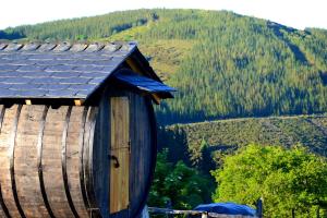 a large wooden barrel with a roof on a mountain at Apartamentos Rurales RON in Ron