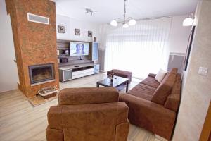 ein Wohnzimmer mit Couch und Kamin in der Unterkunft Apartmán ENZO č 103 Tále Chopok Juh in Tale
