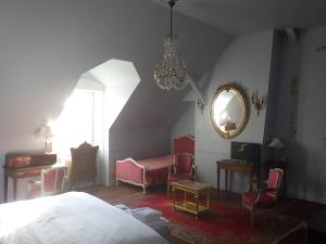 a bedroom with a bed and a mirror and a chair at castel de la comtesse in Blois