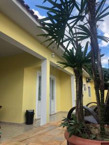 a courtyard of a house with a palm tree at Suites Santa Amelia in Brotas