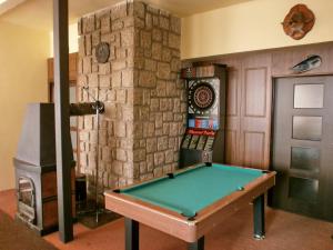 a room with a pool table and a fireplace at Hotel Vltava in Strážné