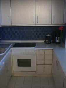 a kitchen with a white stove and a sink at Ferienwohnung-im-Wikingturm in Schleswig