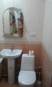 a bathroom with a toilet and a sink and a mirror at Apartments Zhambyl 159 in Almaty