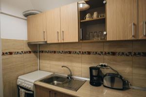 a kitchen with a sink and a counter top at Apartament Piata Mica in Sibiu