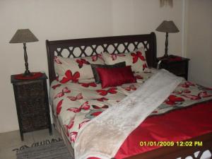 Cama con sábanas y almohadas rojas y blancas en Silvermoon, en Nigel