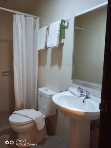 a bathroom with a toilet and a sink and a mirror at Ayla City Hotel in Sorong
