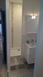 Un baño blanco con lavabo y ducha. en Rent4night Grenoble Europole, en Grenoble