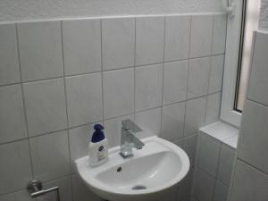 a bathroom sink with a bottle of soap on it at Apartment Schulz in Berlin