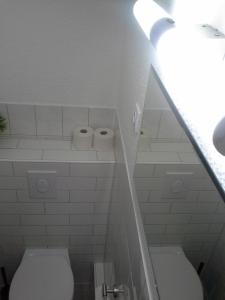 a white toilet sitting next to a white sink in a bathroom at Apartment Schulz in Berlin