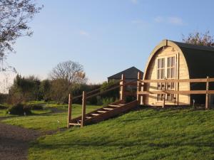 a small wooden house on a hill with a fence at Shannon Estuary Glamping in Effernan