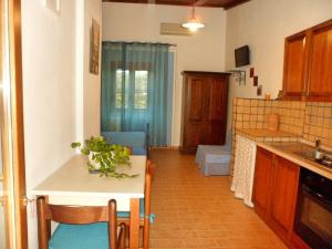 a kitchen with a counter and a table with chairs at Podere Oca Bianca in Pescia Romana