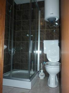 a bathroom with a toilet and a glass shower at Apartments EMERALD in Ulcinj