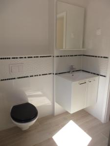 een badkamer met een toilet, een wastafel en een spiegel bij Apartments Domino in Pakoštane