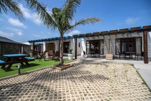 une terrasse avec une table et un palmier dans l'établissement El Caseron de Conil & Spa, à Conil de la Frontera
