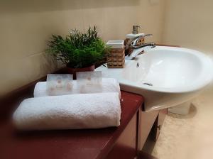 a bathroom sink with towels and a potted plant at Sunset View Treviso Apartment in Treviso