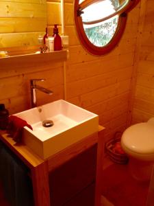 a bathroom with a white sink and a toilet at Chalet Clarimaud in Bréchaumont