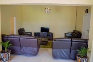 ein Wohnzimmer mit Ledersofas und einem TV in der Unterkunft Lynm Residence in Harare
