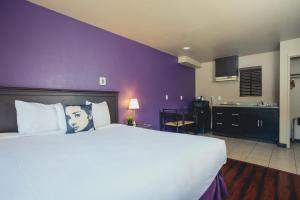 a bedroom with a large bed and a purple wall at Alura Inn in San Jose