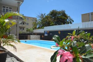 a swimming pool with plants in front of a building at Ashmara Villa & Studio in Flic-en-Flac