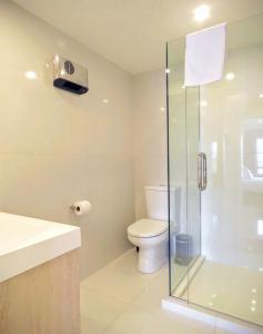 une salle de bains avec toilettes et douche en verre dans l'établissement Executive Living in Bluewater, à Queenstown 4 autres photos