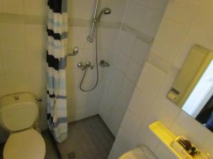 a bathroom with a shower with a toilet and a sink at Hotel Cafe Woud in Den Helder