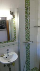 a bathroom with a sink and a shower with a mirror at Haus Backbord, Wohnung Hauptdeck in Fehmarn
