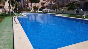 洛斯阿爾卡薩雷斯的住宿－Casa Palma，一座大型蓝色游泳池,位于大楼旁边