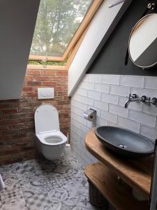 Penzion Na Červeném Potoce في كراليكي: حمام مع حوض ومرحاض