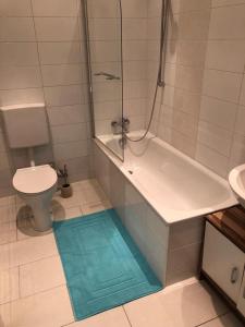 a bathroom with a tub and a toilet and a blue mat at Apartment 8 in Salzburg