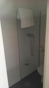 a bathroom with a glass shower with a toilet at albergue rural vía de la plata in Casar de Cáceres